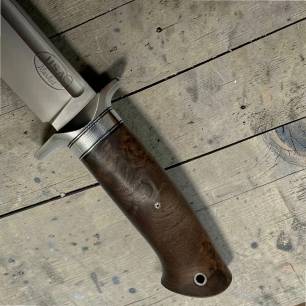 Handmade-Bowie-Knive-2-img6 Dedyukhin Handmade Bowie Knife M398 Custom №2 – Full Tang Fixed Blade, Stabilized Wood Handle & Leather Sheath, USA-Market®